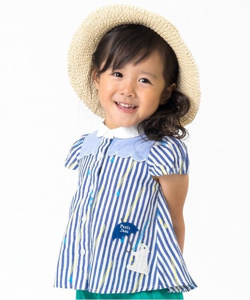 Petit jam（プチジャム）の「ストローストライプのシャツブラウス（シャツ/ブラウス・キッズ・イエロー/ブルー・90/95/100/120/110/130/80）」の2枚目の写真