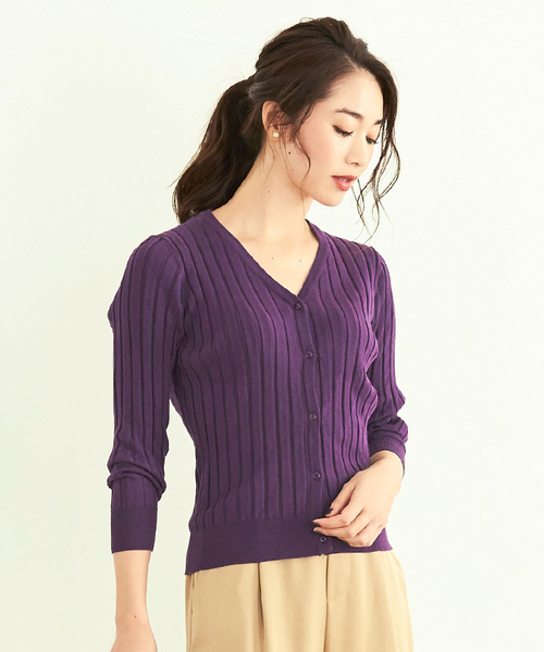 UR'S（ユアーズ）の「Vネックリブニットカーディガン（カーディガン/ボレロ・レディース・カーキ/ブラック/キャメル/ブラウン/杢グレー/パープル/アイボリー/ブルー/イエロー・M/S/L）」の7枚目の写真