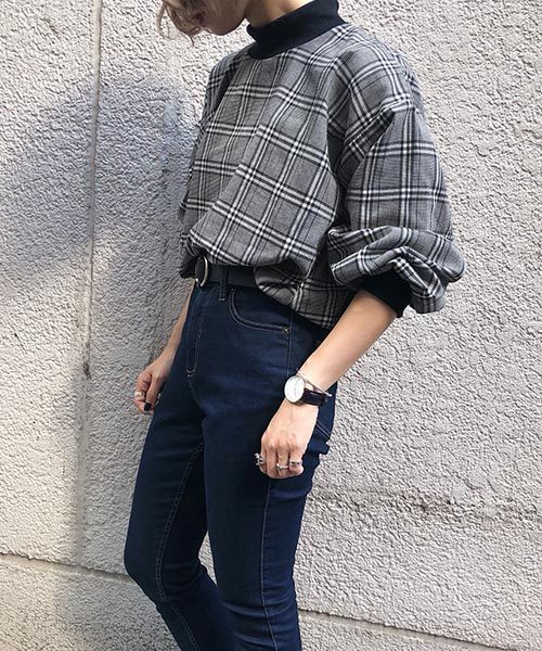 PAGEBOY（ページボーイ）の「グレンチェックリブプルオーバー（Tシャツ/カットソー・レディース・チャコールグレー/ベージュ/ブラック/ダークブラウン・FREE）」の5枚目の写真