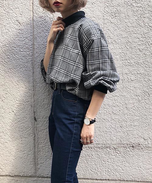 PAGEBOY（ページボーイ）の「グレンチェックリブプルオーバー（Tシャツ/カットソー・レディース・チャコールグレー/ベージュ/ブラック/ダークブラウン・FREE）」の6枚目の写真