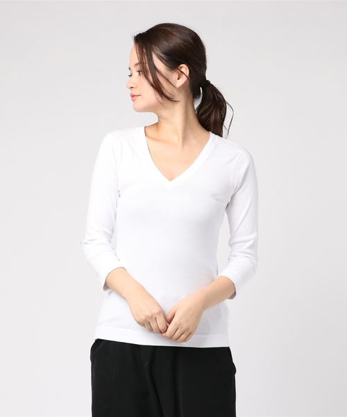 three dots（スリードッツ）の「Vネック T 七分袖（Tシャツ/カットソー・レディース・ホワイト/ブラック/ネイビー・SMALL/MEDIUM）」の2枚目の写真