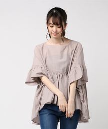 極美品 2024SS ミズイロインド ワイドギャザーブラウス シャツ フリル mizuiro ind/ミズイロインド] バックギャザー ワイドシャツ