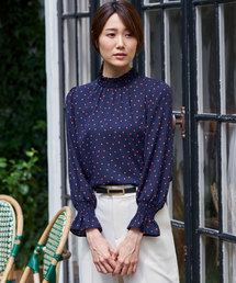 ANAYI】サテンドットシャーリングブラウスとろみ素材ネイビー×レッド