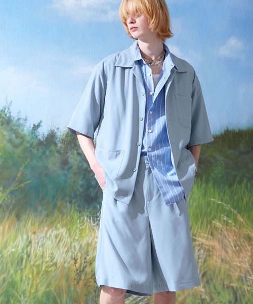 ENDER PRODUCTS（エンダープロダクツ）の「◆上下セット◆ビッグシルエット ブライトポプリン S/Sワークシャツセットアップ/ビッグシルエット ワイドワークシャツ/タックワイド ショートパンツ セットアップ【ENDER PRODUCTS/エンダープロダクツ】（セットアップ・メンズ・ブラック/ブラウン/グレイッシュベージュ/ライラック/キナリ/グレイッシュブルー・M/L）」の5枚目の写真