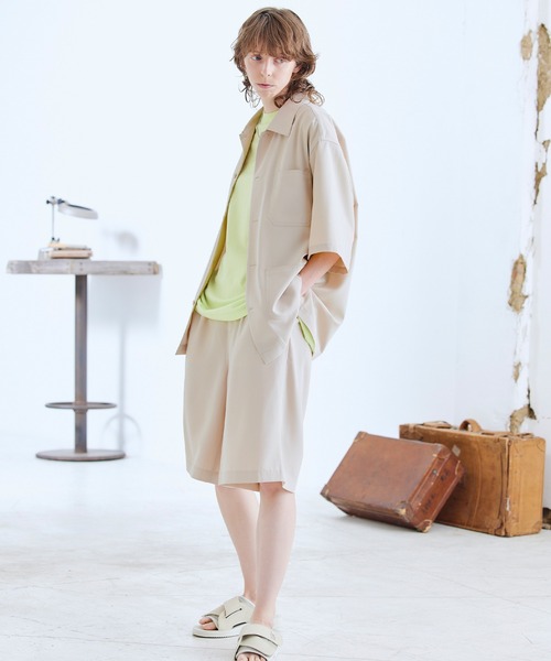 ENDER PRODUCTS（エンダープロダクツ）の「◆上下セット◆ビッグシルエット ブライトポプリン S/Sワークシャツセットアップ/ビッグシルエット ワイドワークシャツ/タックワイド ショートパンツ セットアップ【ENDER PRODUCTS/エンダープロダクツ】（セットアップ・メンズ・ブラック/ブラウン/グレイッシュベージュ/ライラック/キナリ/グレイッシュブルー・M/L）」の13枚目の写真