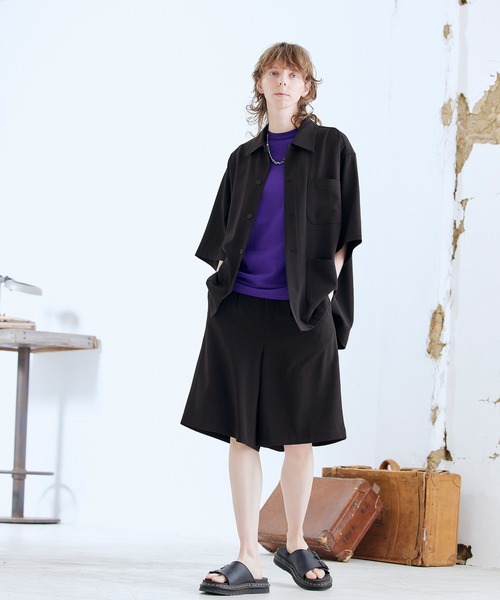 ENDER PRODUCTS（エンダープロダクツ）の「◆上下セット◆ビッグシルエット ブライトポプリン S/Sワークシャツセットアップ/ビッグシルエット ワイドワークシャツ/タックワイド ショートパンツ セットアップ【ENDER PRODUCTS/エンダープロダクツ】（セットアップ・メンズ・ブラック/ブラウン/グレイッシュベージュ/ライラック/キナリ/グレイッシュブルー・M/L）」の7枚目の写真