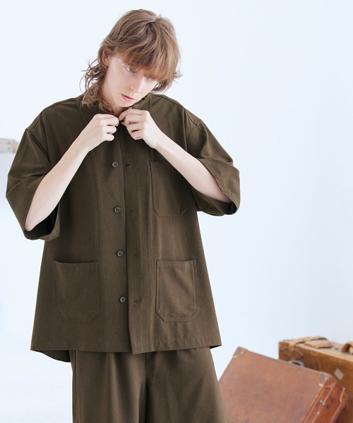 ENDER PRODUCTS（エンダープロダクツ）の「◆上下セット◆ビッグシルエット ブライトポプリン S/Sワークシャツセットアップ/ビッグシルエット ワイドワークシャツ/タックワイド ショートパンツ セットアップ【ENDER PRODUCTS/エンダープロダクツ】（セットアップ・メンズ・ブラック/ブラウン/グレイッシュベージュ/ライラック/キナリ/グレイッシュブルー・M/L）」の17枚目の写真