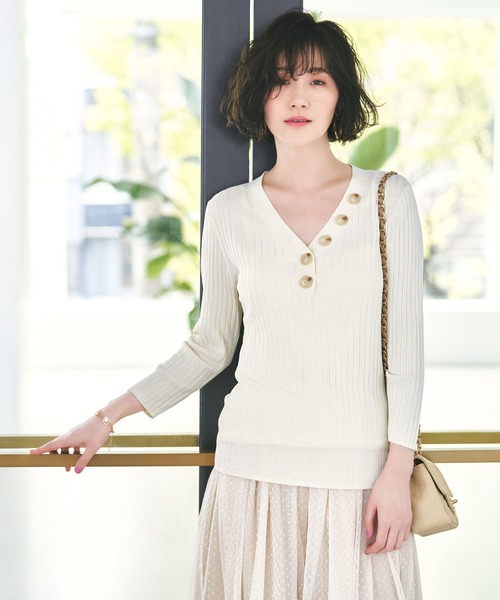 【セール】洗える UVカット ｜Vネックウォッシャブルリブニット ｜ Vネック リブニット トップス 長袖 ベーシック シンプル（Tシャツ/カットソー）｜RUIRUE BOUTIQUE（ルイルエブティック）