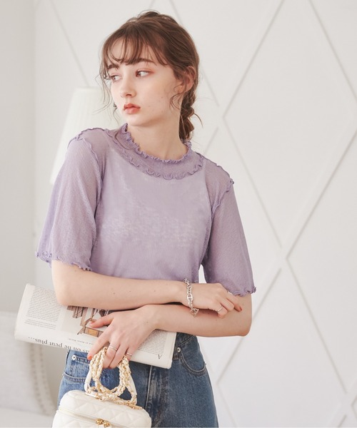 ANGIE(アンジー)の「ハイネックメローシアートップス(半袖)(Tシャツ/カットソー・レディース・ホワイト/ブラック/ブラウン/グリーン/オレンジ/オフホワイト/ブラック系その他/ケリー/ライトパープル・FREE)」の13枚目の写真