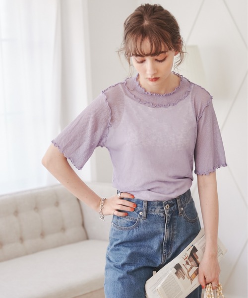 ANGIE(アンジー)の「ハイネックメローシアートップス(半袖)(Tシャツ/カットソー・レディース・ホワイト/ブラック/ブラウン/グリーン/オレンジ/オフホワイト/ブラック系その他/ケリー/ライトパープル・FREE)」の11枚目の写真