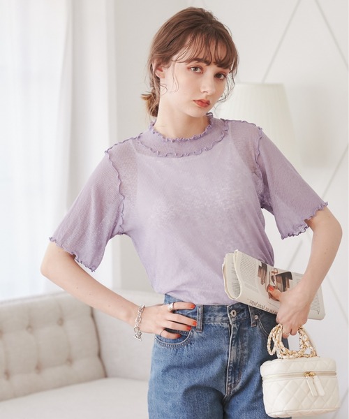 ANGIE(アンジー)の「ハイネックメローシアートップス(半袖)(Tシャツ/カットソー・レディース・ホワイト/ブラック/ブラウン/グリーン/オレンジ/オフホワイト/ブラック系その他/ケリー/ライトパープル・FREE)」の10枚目の写真