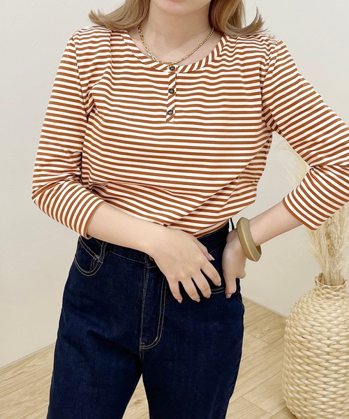 apres jour clair(アプレジュールクレア)の「【apres jour clair】ヘンリーネックボーダーT【ZOZOTOWN限定アイテム】(Tシャツ/カットソー・レディース・アイボリー/ダークブラウン/ブラウン系その他・X-LARGE/フリー)」の13枚目の写真