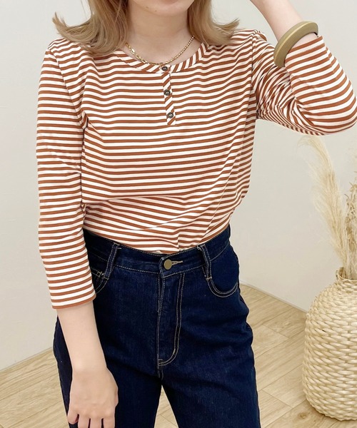 apres jour clair(アプレジュールクレア)の「【apres jour clair】ヘンリーネックボーダーT【ZOZOTOWN限定アイテム】(Tシャツ/カットソー・レディース・アイボリー/ダークブラウン/ブラウン系その他・X-LARGE/フリー)」の14枚目の写真