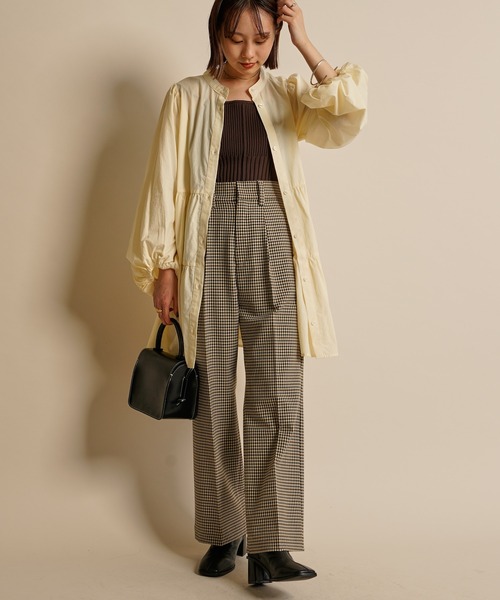 mline（エムライン）の「［mline］WEB限定 チェックタックパンツ（スラックス・レディース・ベージュ/ブラウン・1/2）」の12枚目の写真