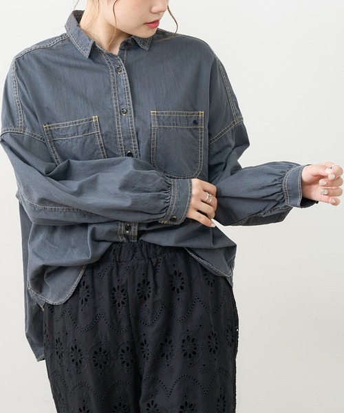 PUAL CE CIN（ピュアルセシン）の「デニム刺繍×プリントブラウス（シャツ/ブラウス・レディース・グレー/インディゴブルー/ストライプ・FREE）」の18枚目の写真