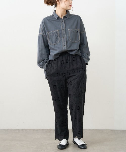 PUAL CE CIN（ピュアルセシン）の「デニム刺繍×プリントブラウス（シャツ/ブラウス・レディース・グレー/インディゴブルー/ストライプ・FREE）」の5枚目の写真