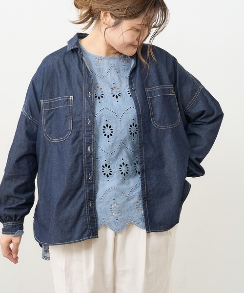 PUAL CE CIN（ピュアルセシン）の「デニム刺繍×プリントブラウス（シャツ/ブラウス・レディース・グレー/インディゴブルー/ストライプ・FREE）」の4枚目の写真