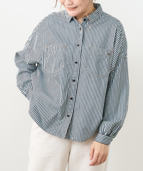 PUAL CE CIN（ピュアルセシン）の「デニム刺繍×プリントブラウス（シャツ/ブラウス・レディース・グレー/インディゴブルー/ストライプ・FREE）」の7枚目の写真