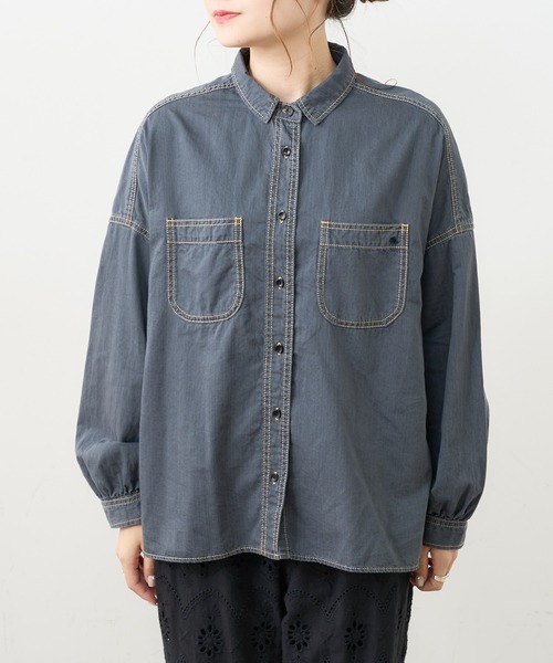 PUAL CE CIN（ピュアルセシン）の「デニム刺繍×プリントブラウス（シャツ/ブラウス・レディース・グレー/インディゴブルー/ストライプ・FREE）」の6枚目の写真