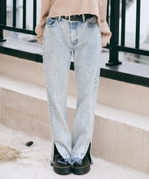 CHEMICAL WASH SIDE SLIT FLARED DENIM PANTS