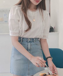ラインレース半袖ブラウス