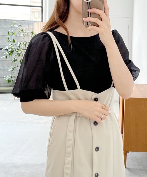 mysty woman(ミスティウーマン)の「シアースリーブ2WAYプルオーバー 285715(Tシャツ/カットソー・レディース・ブラック/オフホワイト/グレイッシュベージュ・FREE)」の2枚目の写真