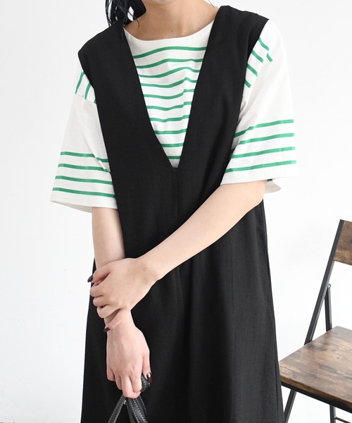 sango（sango）の「リネンタッチVネックジャンパースカート（スカート・レディース・ブラック/キナリ/モカ・FREE）」の9枚目の写真