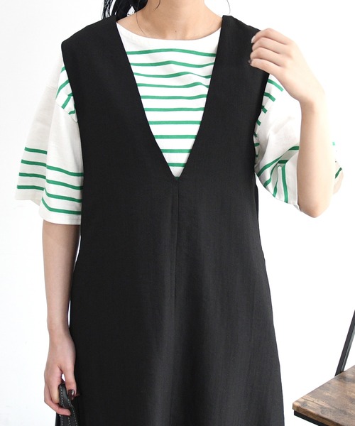 sango（sango）の「リネンタッチVネックジャンパースカート（スカート・レディース・ブラック/キナリ/モカ・FREE）」の10枚目の写真