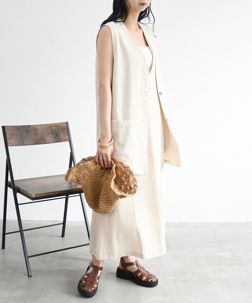 sango（sango）の「リネンタッチVネックジャンパースカート（スカート・レディース・ブラック/キナリ/モカ・FREE）」の5枚目の写真