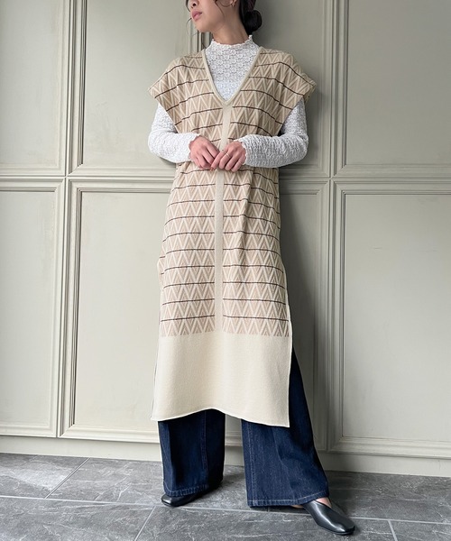 knit Jemade（ニットジェメイド）の「配色ジャガードニットベストワンピース（ワンピース・レディース・ブラック/ブラウン/クリーム・FREE）」の15枚目の写真