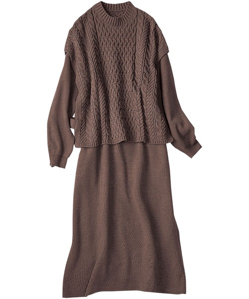 BELLUNA PLUS(ベルーナ)の「ケーブル編ベスト付ワンピースセットアップ(アンサンブル・レディース・モカ/ワイン・MEDIUM/X-LARGE/LARGE)」の3枚目の写真