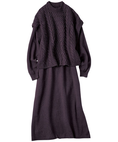 BELLUNA PLUS(ベルーナ)の「ケーブル編ベスト付ワンピースセットアップ(アンサンブル・レディース・モカ/ワイン・MEDIUM/X-LARGE/LARGE)」の4枚目の写真