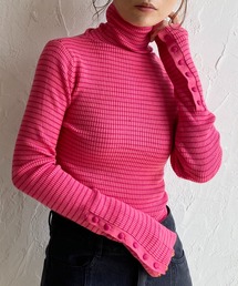 She's Closet（シーズクローゼット）の「袖ボタンハイネックタイト長袖ボーダーリブニットプルオーバー（ニット/セーター）」