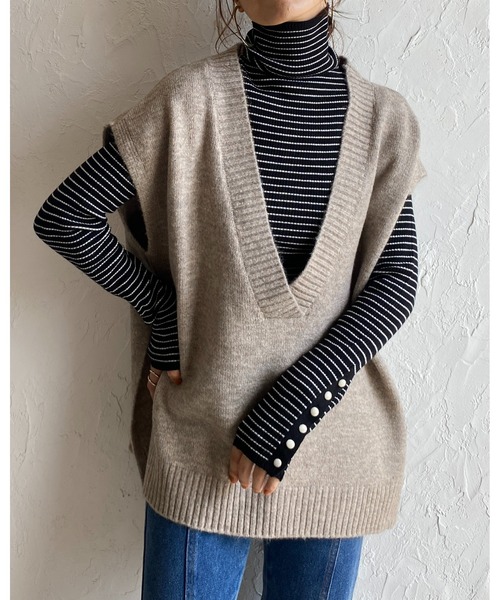 She's Closet(シーズクローゼット)の「袖ボタンハイネックタイト長袖ボーダーリブニットプルオーバー(ニット/セーター・レディース・グリーン/ブラック/オフホワイト/ピンク/オレンジ・FREE)」の8枚目の写真