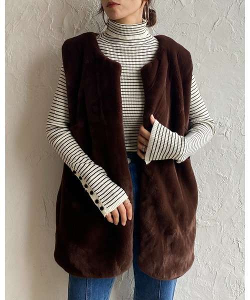 She's Closet(シーズクローゼット)の「袖ボタンハイネックタイト長袖ボーダーリブニットプルオーバー(ニット/セーター・レディース・グリーン/ブラック/オフホワイト/ピンク/オレンジ・FREE)」の10枚目の写真