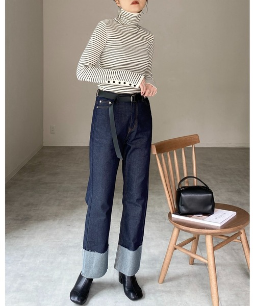 She's Closet(シーズクローゼット)の「袖ボタンハイネックタイト長袖ボーダーリブニットプルオーバー(ニット/セーター・レディース・グリーン/ブラック/オフホワイト/ピンク/オレンジ・FREE)」の11枚目の写真