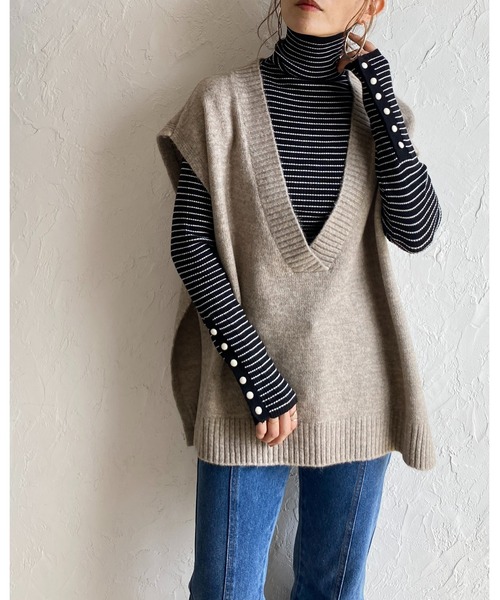 She's Closet(シーズクローゼット)の「袖ボタンハイネックタイト長袖ボーダーリブニットプルオーバー(ニット/セーター・レディース・グリーン/ブラック/オフホワイト/ピンク/オレンジ・FREE)」の17枚目の写真