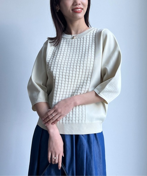 Chez toi(シェトワ)の「軽量JQ織切替半袖プルオーバー(ニット/セーター・レディース・アイボリー/ブラック/グリーン・FREE)」の9枚目の写真