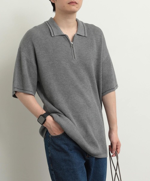 【新品】Ballseyネイビーリブ編み五分丈ポロシャツ レディース】編み立て襟 鹿の子 ポロシャツ / ネイビー