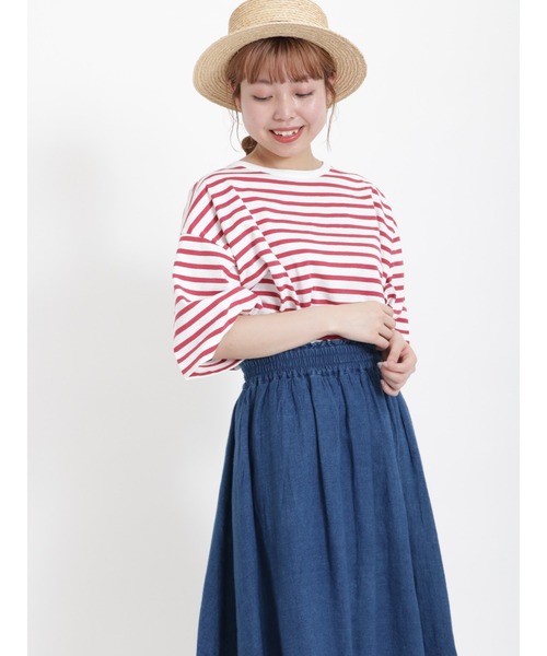 Samansa Mos2（サマンサ モスモス）の「ビッグシルエットボーダーTシャツ（Tシャツ/カットソー・レディース・レッド/ベージュ/グリーン/チャコール/ブルー/オフホワイト・ﾌﾘ-）」の6枚目の写真