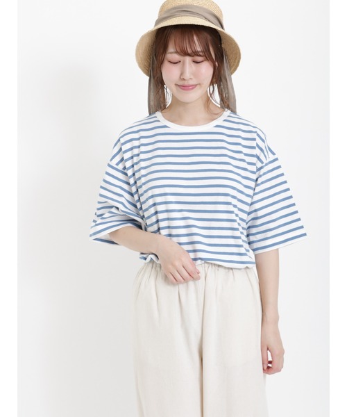 Samansa Mos2（サマンサ モスモス）の「ビッグシルエットボーダーTシャツ（Tシャツ/カットソー・レディース・レッド/ベージュ/グリーン/チャコール/ブルー/オフホワイト・ﾌﾘ-）」の5枚目の写真