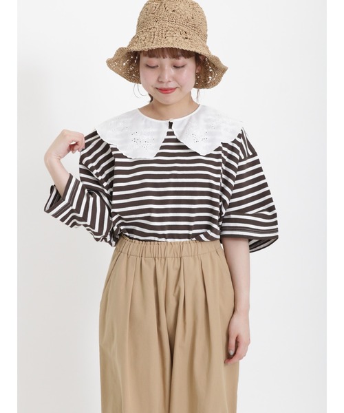 Samansa Mos2（サマンサ モスモス）の「ビッグシルエットボーダーTシャツ（Tシャツ/カットソー・レディース・レッド/ベージュ/グリーン/チャコール/ブルー/オフホワイト・ﾌﾘ-）」の3枚目の写真