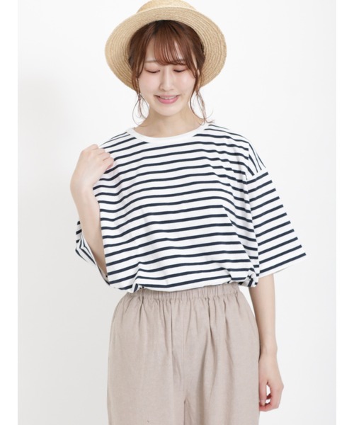 Samansa Mos2（サマンサ モスモス）の「ビッグシルエットボーダーTシャツ（Tシャツ/カットソー・レディース・レッド/ベージュ/グリーン/チャコール/ブルー/オフホワイト・ﾌﾘ-）」の8枚目の写真