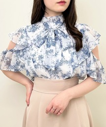 モノトーン花柄シアーフリルノースリブラウス