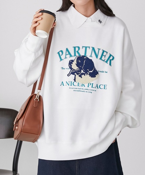 BONLECILL（ボンルシール）の「裏起毛 ドッグプリント サガラ刺繍 BIGシルエットスウェット（スウェット・レディース・チャコールグレー/レッド/オフホワイト/ネイビー/グレー・FREE）」の12枚目の写真