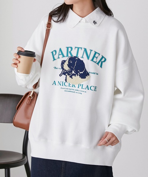 BONLECILL（ボンルシール）の「裏起毛 ドッグプリント サガラ刺繍 BIGシルエットスウェット（スウェット・レディース・チャコールグレー/レッド/オフホワイト/ネイビー/グレー・FREE）」の13枚目の写真