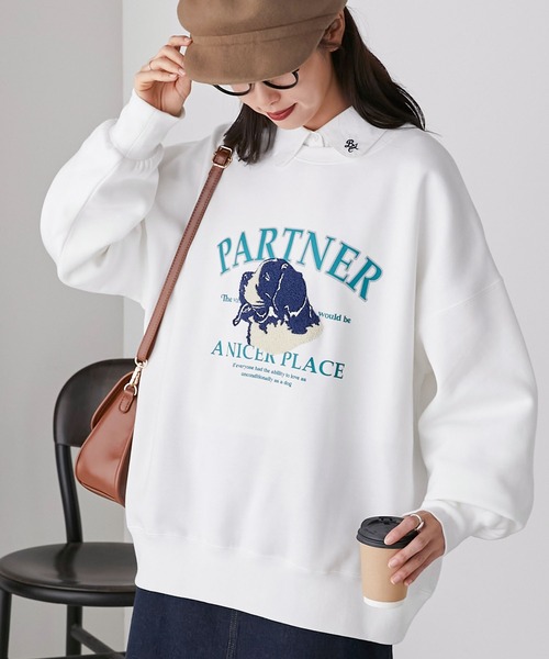 BONLECILL（ボンルシール）の「裏起毛 ドッグプリント サガラ刺繍 BIGシルエットスウェット（スウェット・レディース・チャコールグレー/レッド/オフホワイト/ネイビー/グレー・FREE）」の14枚目の写真