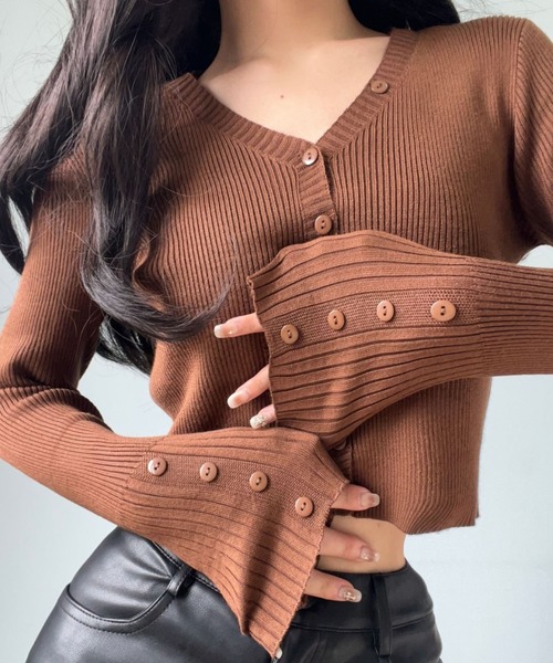 袖ボタンデザインベルスリーブニットカーデ（カーディガン/ボレロ