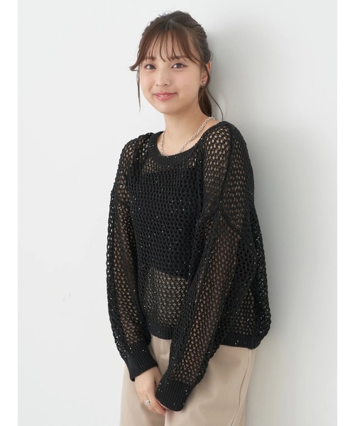 earth music&ecology(アースミュージックアンドエコロジー)の「スパンコールショートゆるニット(ニット/セーター・レディース・ブラック/アイボリー/ライム/サックスブルー・FREE)」の17枚目の写真