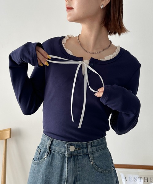 CLEAトップス CLEA（クレア）の「フロントリボンレイヤードトップス（Tシャツ